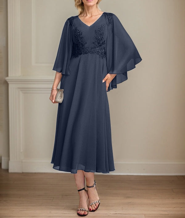 A-line V-Neck Tea-Length Chiffon Lace Mother of the Bride Dress With Beading Sequins