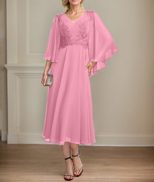 A-line V-Neck Tea-Length Chiffon Lace Mother of the Bride Dress With Beading Sequins