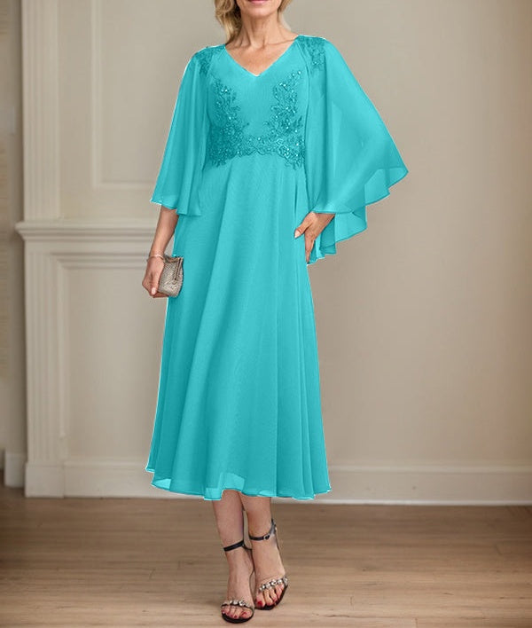 A-line V-Neck Tea-Length Chiffon Lace Mother of the Bride Dress With Beading Sequins