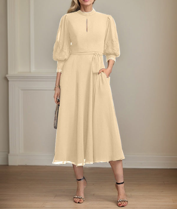 A-line High Neck Tea-Length Lace Chiffon Mother of the Bride Dress With Bow