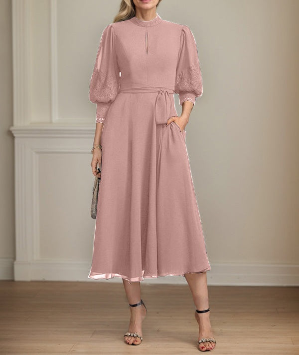 A-line High Neck Tea-Length Lace Chiffon Mother of the Bride Dress With Bow
