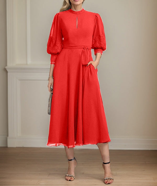 A-line High Neck Tea-Length Lace Chiffon Mother of the Bride Dress With Bow
