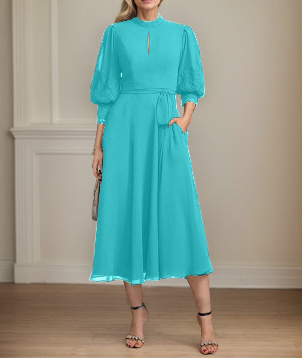 A-line High Neck Tea-Length Lace Chiffon Mother of the Bride Dress With Bow