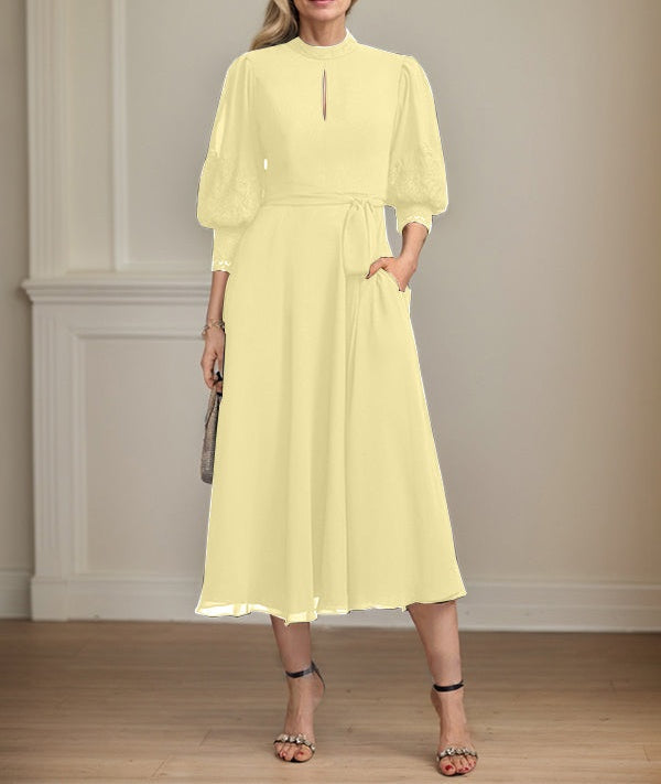 A-line High Neck Tea-Length Lace Chiffon Mother of the Bride Dress With Bow