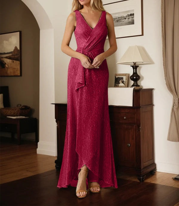 A-Line V-Neck Ruched Metallic Mesh Dress