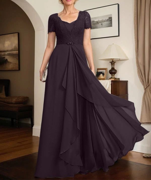 A-line Sweetheart Floor-Length Chiffon Lace Mother of the Bride Dress With Beading Cascading Ruffles