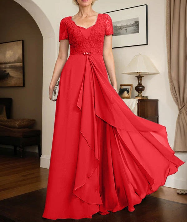 A-line Sweetheart Floor-Length Chiffon Lace Mother of the Bride Dress With Beading Cascading Ruffles