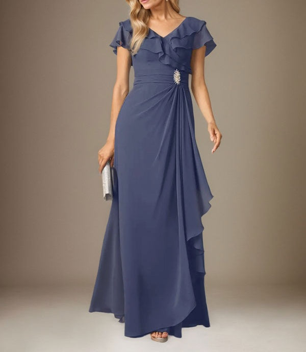 Stormy A-Line V-Neck Ruched Chiffon Dress