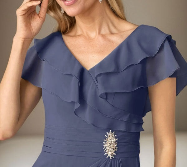 Stormy A-Line V-Neck Ruched Chiffon Dress