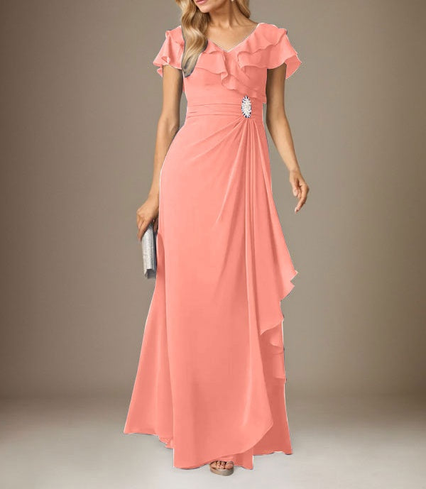 Stormy A-Line V-Neck Ruched Chiffon Dress