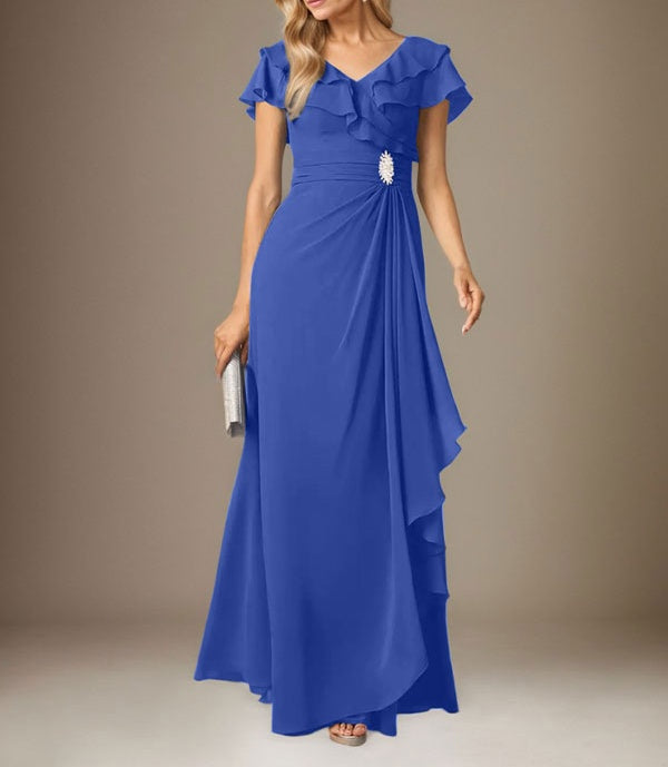 Stormy A-Line V-Neck Ruched Chiffon Dress