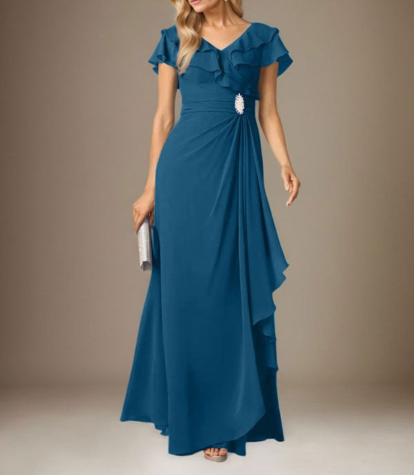 Stormy A-Line V-Neck Ruched Chiffon Dress