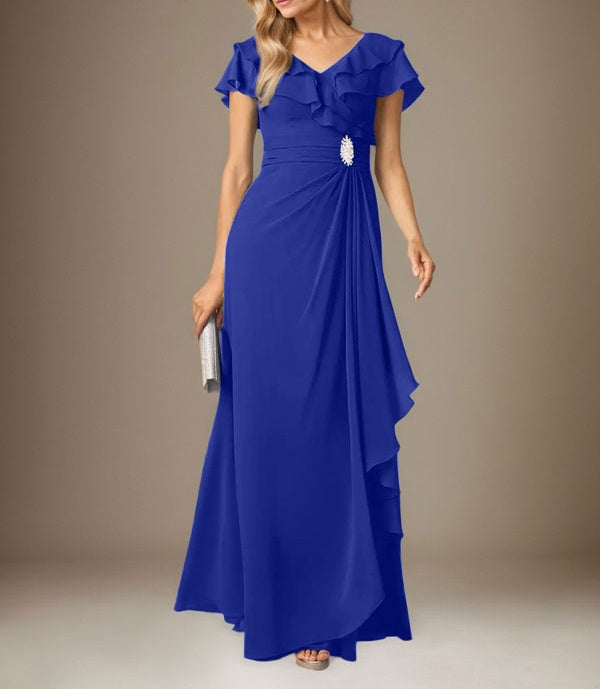 Stormy A-Line V-Neck Ruched Chiffon Dress