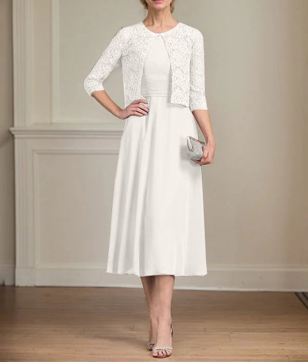A-line Scoop Tea-Length Chiffon Mother of the Bride Dress With Pleated