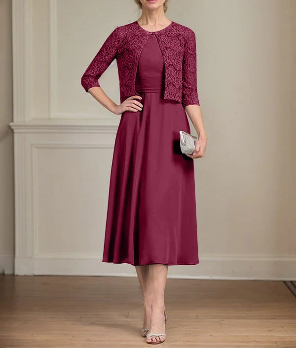 A-line Scoop Tea-Length Chiffon Mother of the Bride Dress With Pleated