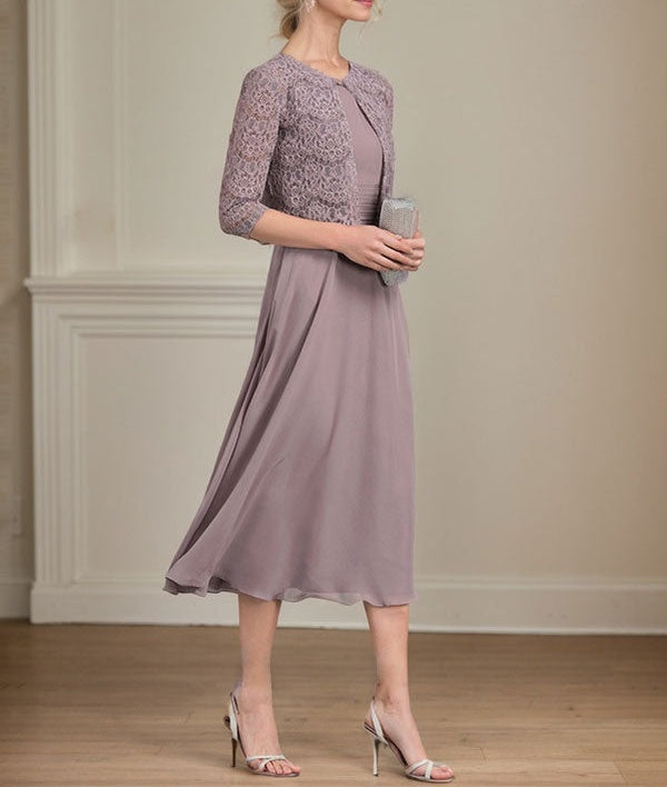 A-line Scoop Tea-Length Chiffon Mother of the Bride Dress With Pleated