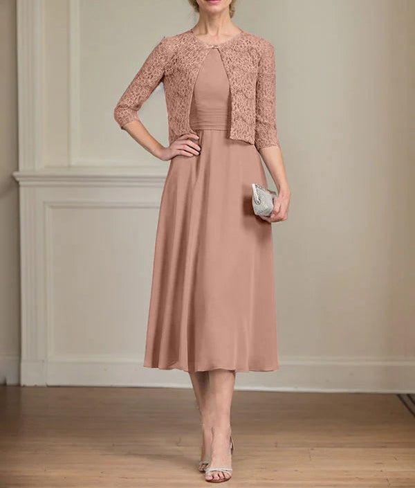 A-line Scoop Tea-Length Chiffon Mother of the Bride Dress With Pleated