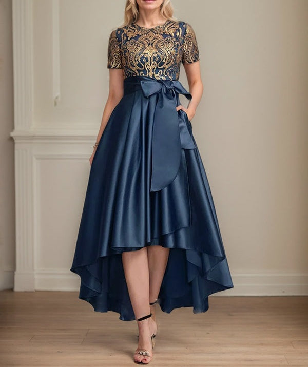 A-line Scoop Asymmetrical Satin Sequin Lace Mother of the Bride Dress With Bow