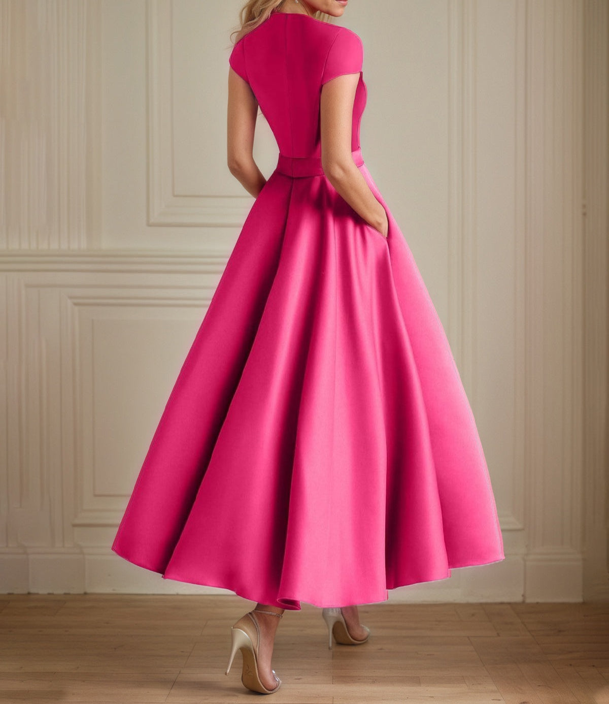 Hot Pink Satin A Line V Neck Short Sleeves Ankle Length Mother of the Bride Dresses