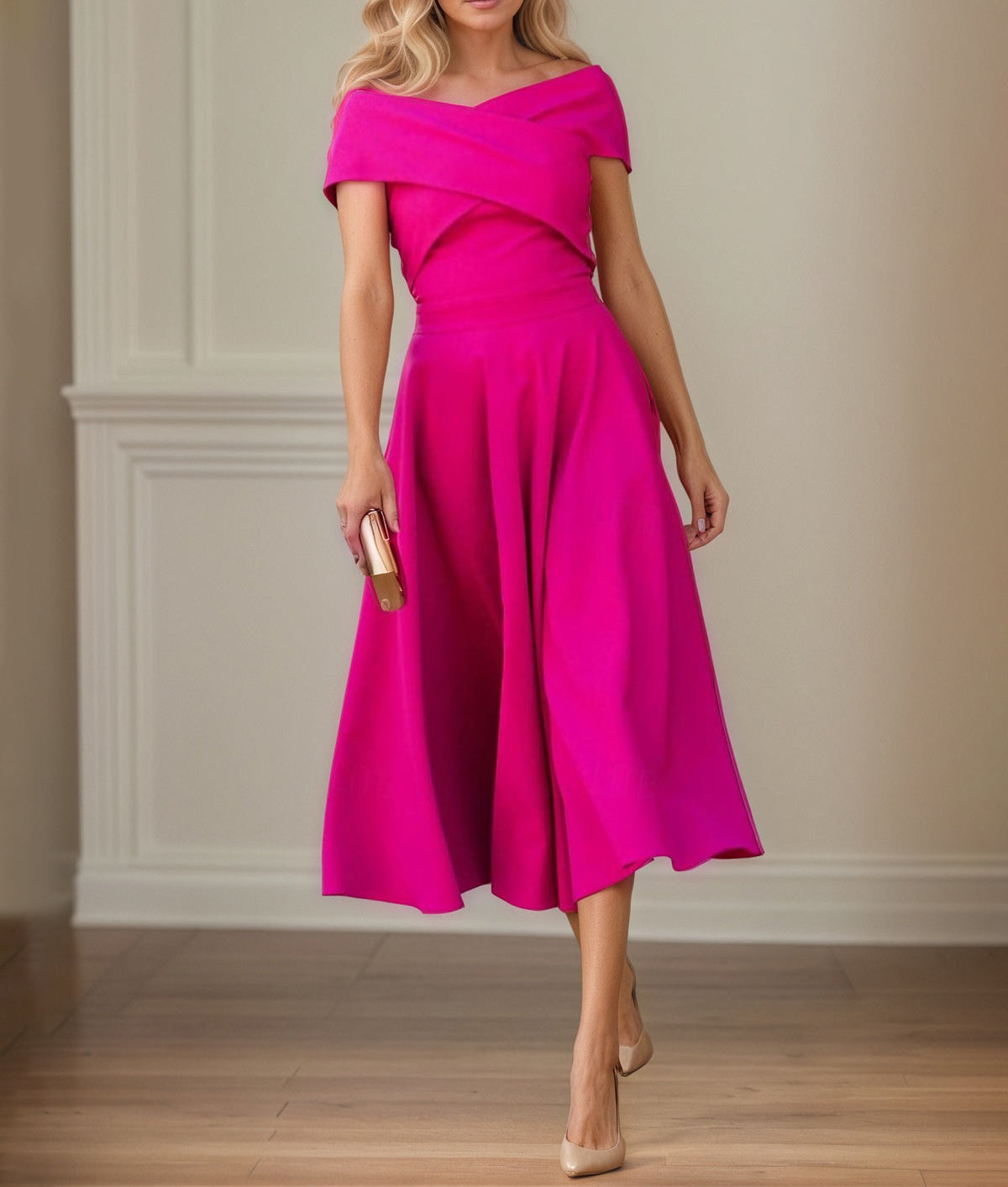 Fuchsia Stretch Crepe A Line Off The Shoulder Short Sleeves Tea Length Mother of the Bride Dresses