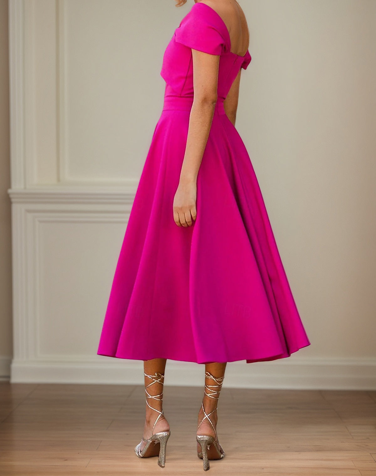 Fuchsia Stretch Crepe A Line Off The Shoulder Short Sleeves Tea Length Mother of the Bride Dresses