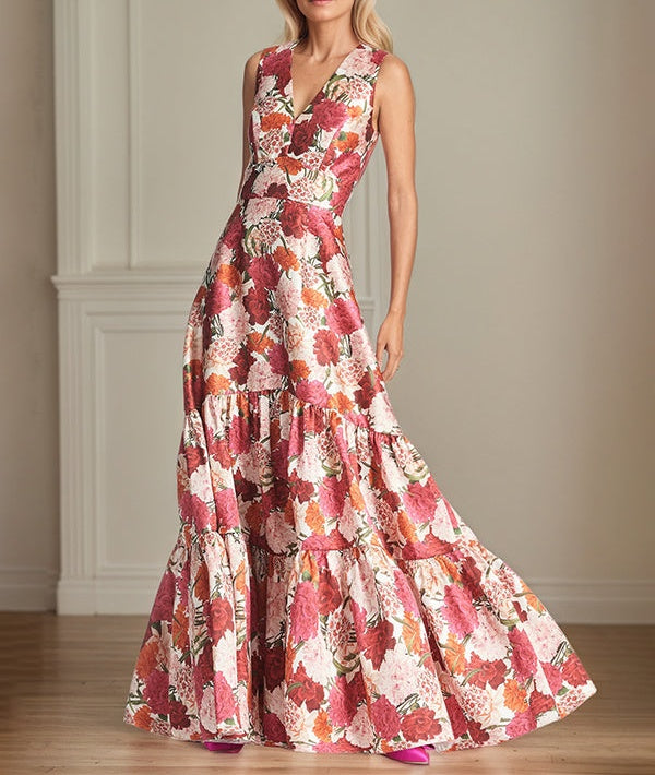 A-Line V-Neck Red Floral Mother of the Bride Dress