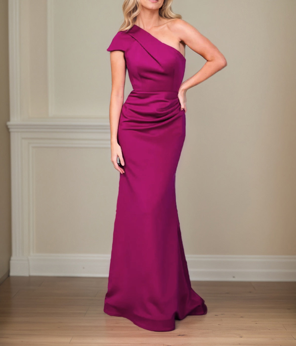 Satin Sheath/Column One Shoulder Short Sleeves Floor Length Mother of the Bride Dresses