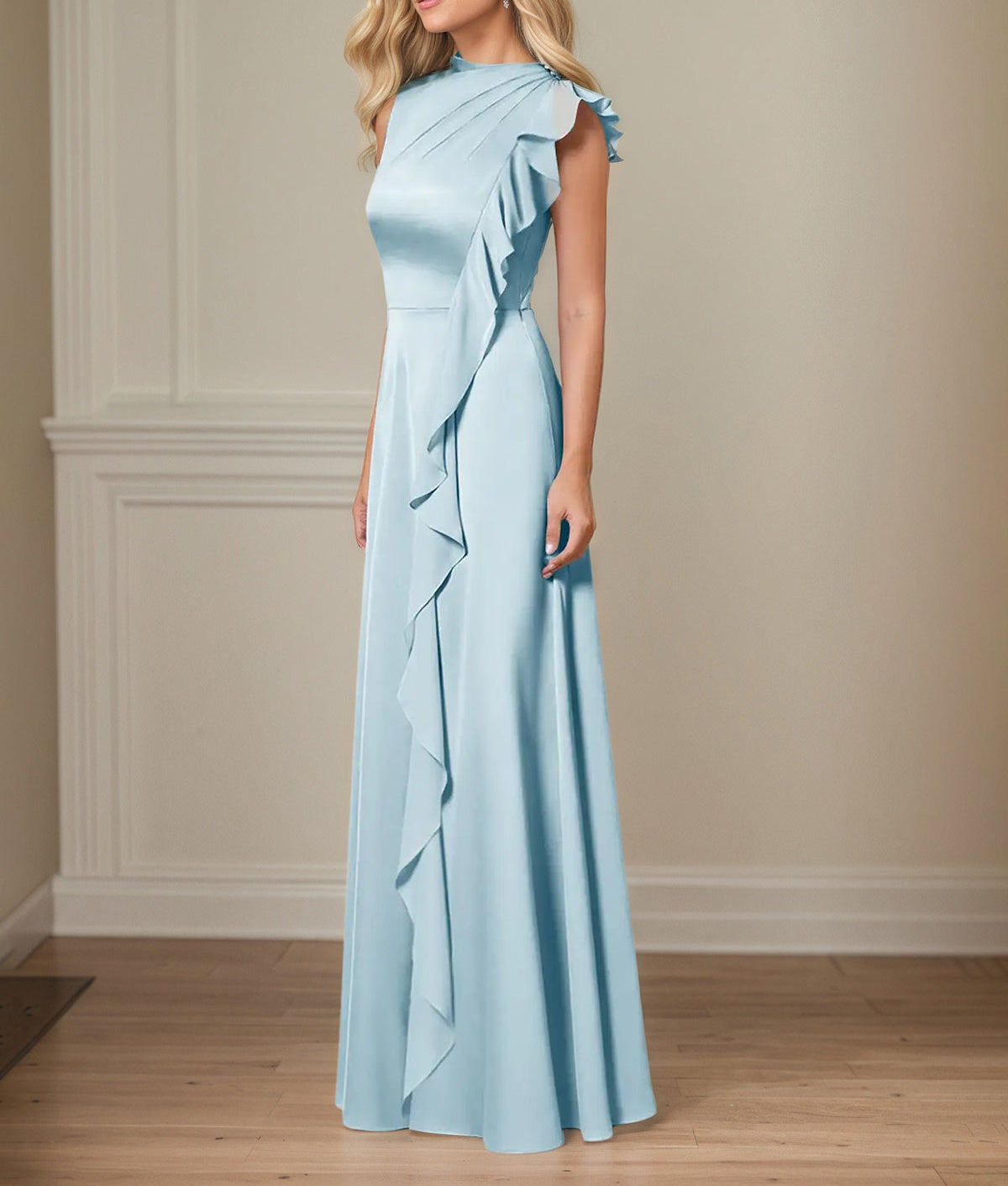 Sky Blue A Line Satin High Neckline Sleeveless Floor Length Mother of the Bride Dresses