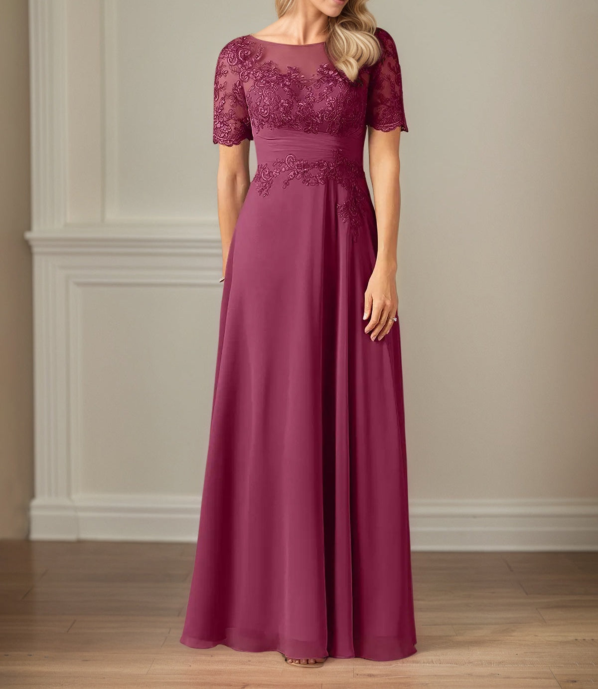 A Line Chiffon Scoop Neck Short Sleeves Floor Length Mother of the Bride Dresses With Appliques