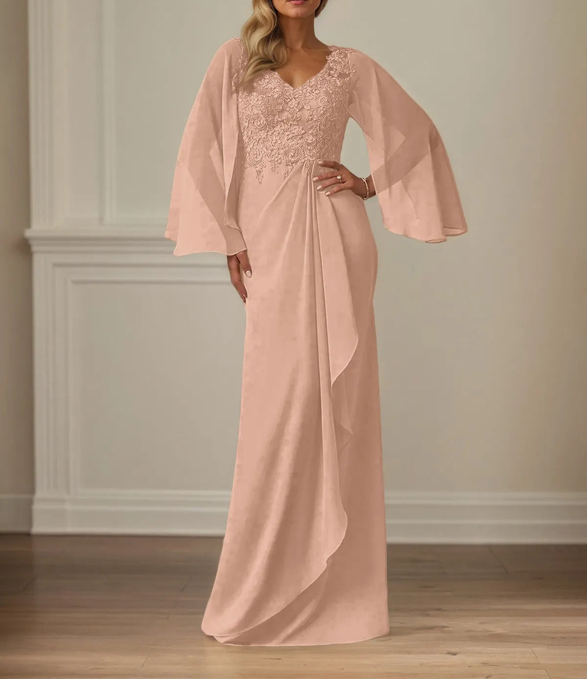 Sheath/Column Chiffon V Neck Long Sleeves Floor Length Mother of the Bride Dresses With Appliques