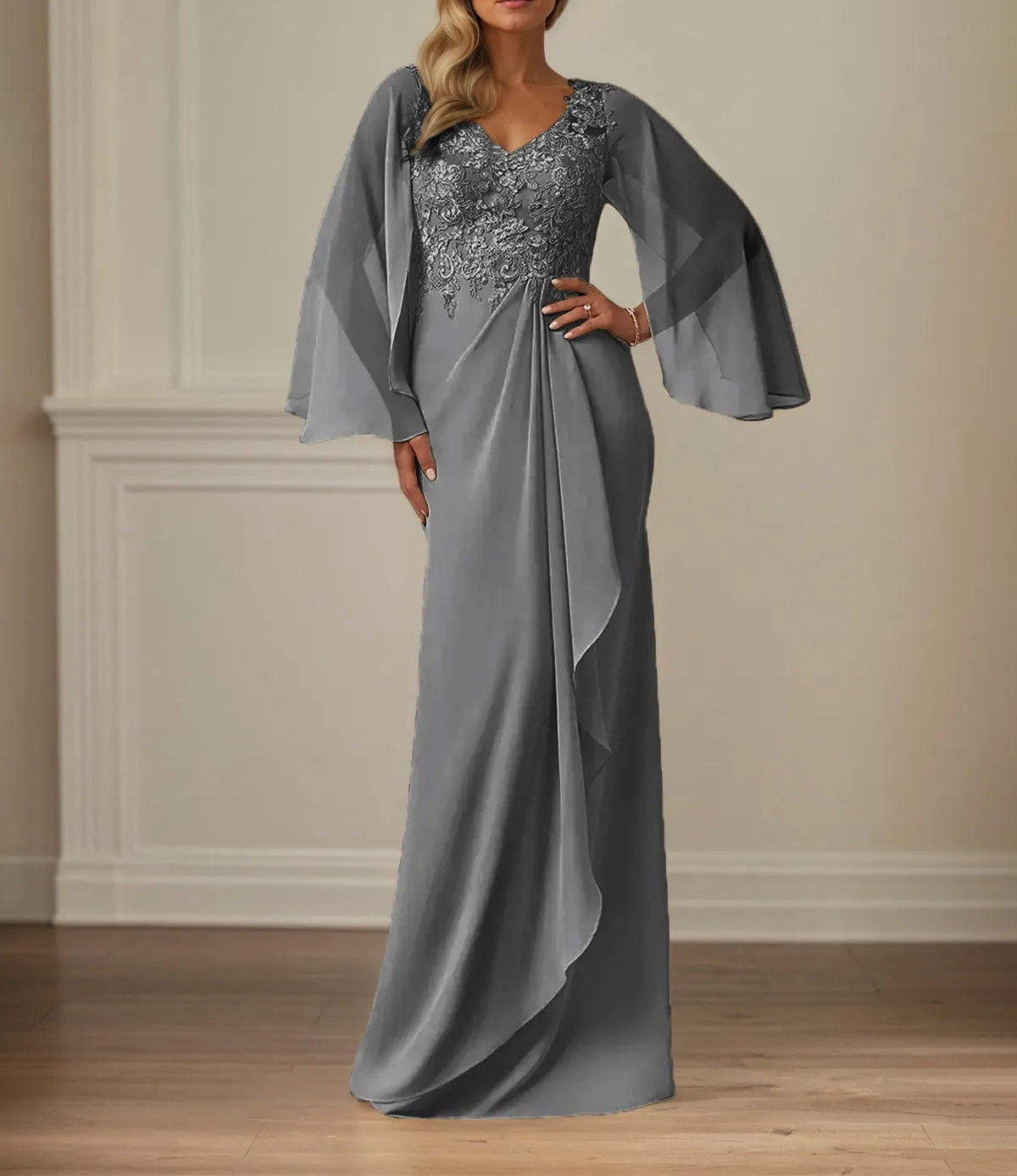Sheath/Column Chiffon V Neck Long Sleeves Floor Length Mother of the Bride Dresses With Appliques