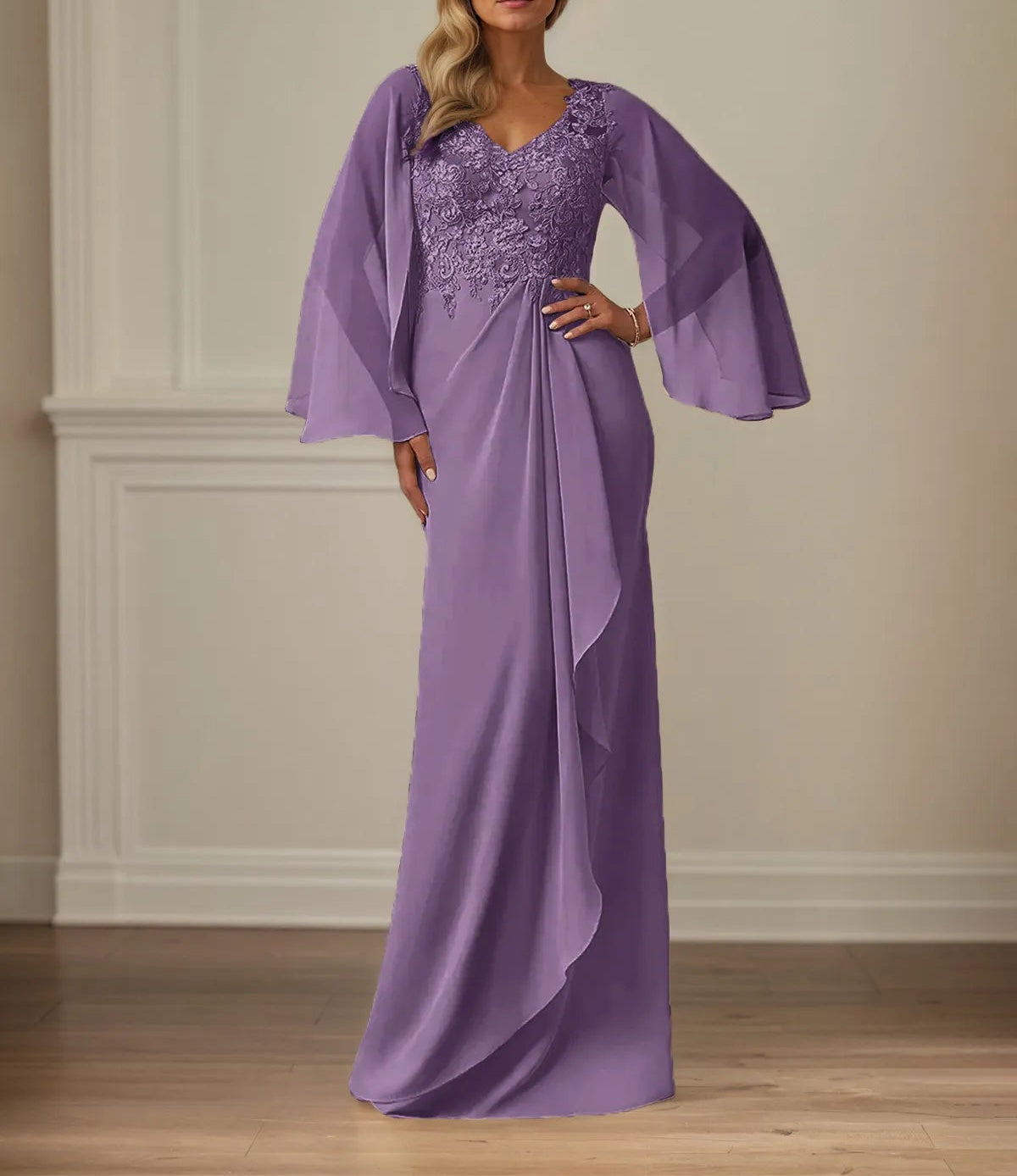 Sheath/Column Chiffon V Neck Long Sleeves Floor Length Mother of the Bride Dresses With Appliques