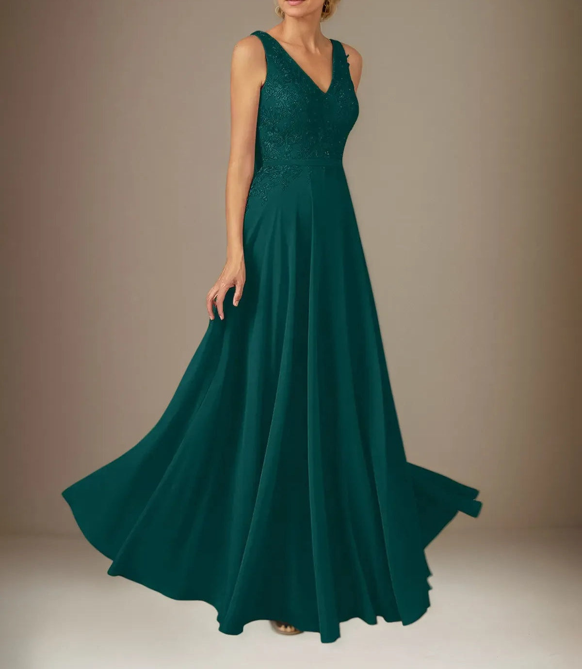 A Line Chiffon V Neck Sleeveless Floor Length Pleated Mother of the Bride Dresses With Appliques
