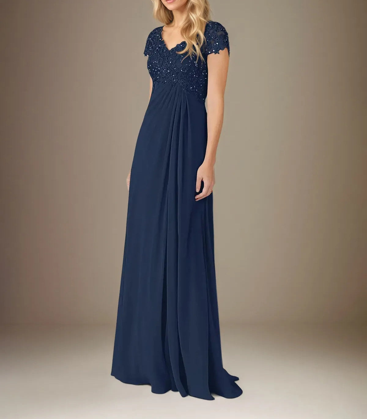 A Line Chiffon V Neck Short Sleeves Floor Length Pleated Mother of the Bride Dresses With Sequins