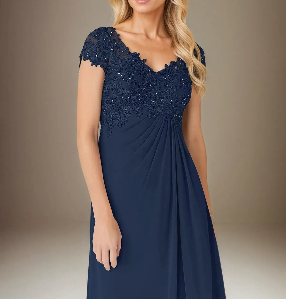 A Line Chiffon V Neck Short Sleeves Floor Length Pleated Mother of the Bride Dresses With Sequins