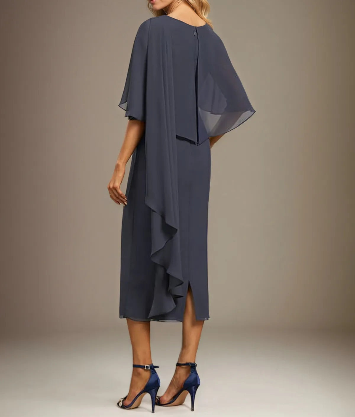 Sheath/Column Scoop Tea Length Chiffon Dress With Pleated Beading