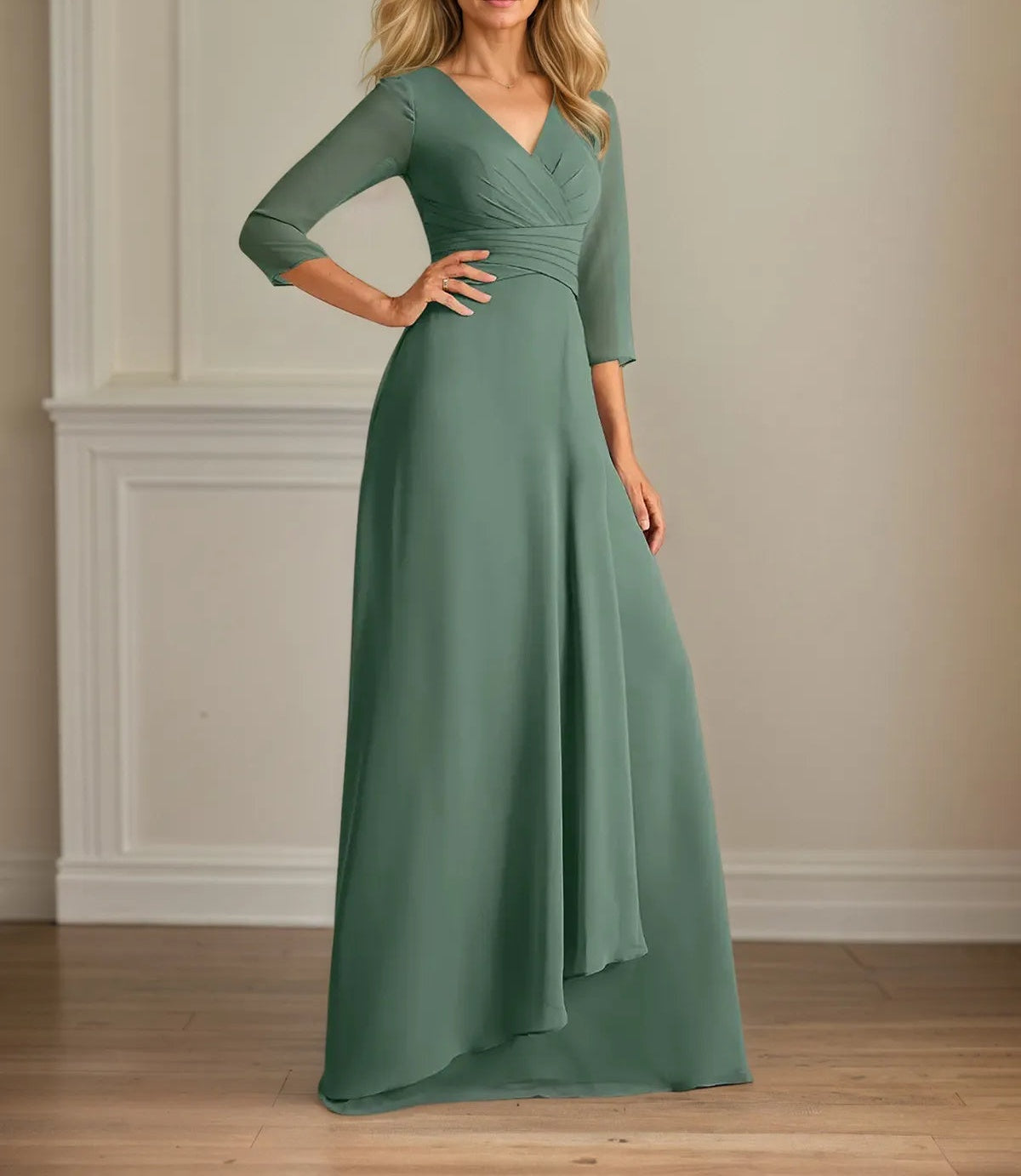 A Line V Neck 3/4 Sleeves Floor-Length Chiffon Dress With Pleated