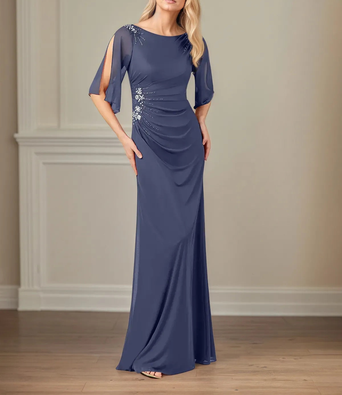 Sheath/Column Boat Neck 1/2 Sleeve Floor Length Chiffon Dress With Beadings