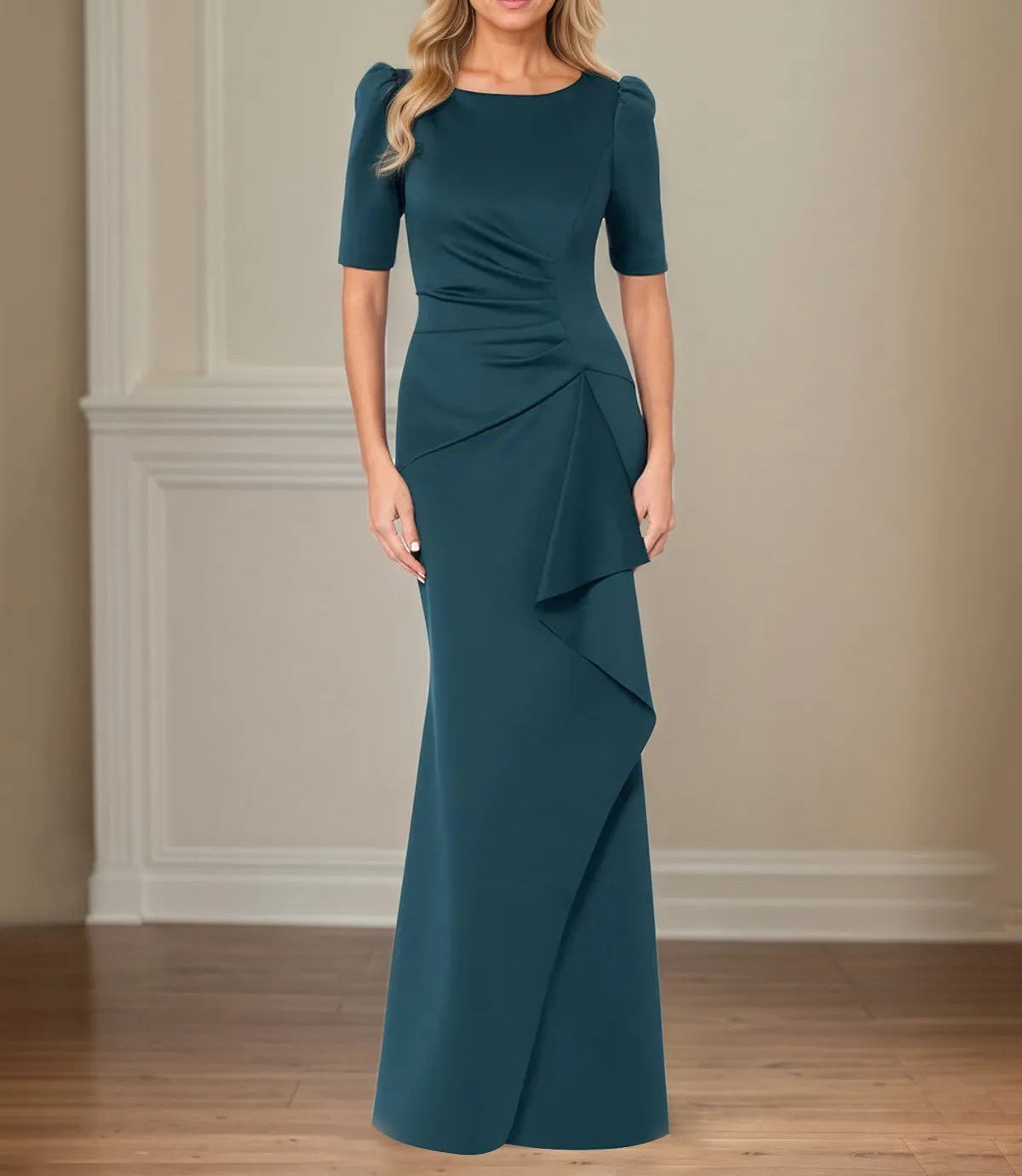 Trumpet/Mermaid Scoop Neck Short Sleeve Floor Length Stretch Crepe Mother of the Bride Dress With Ruffles