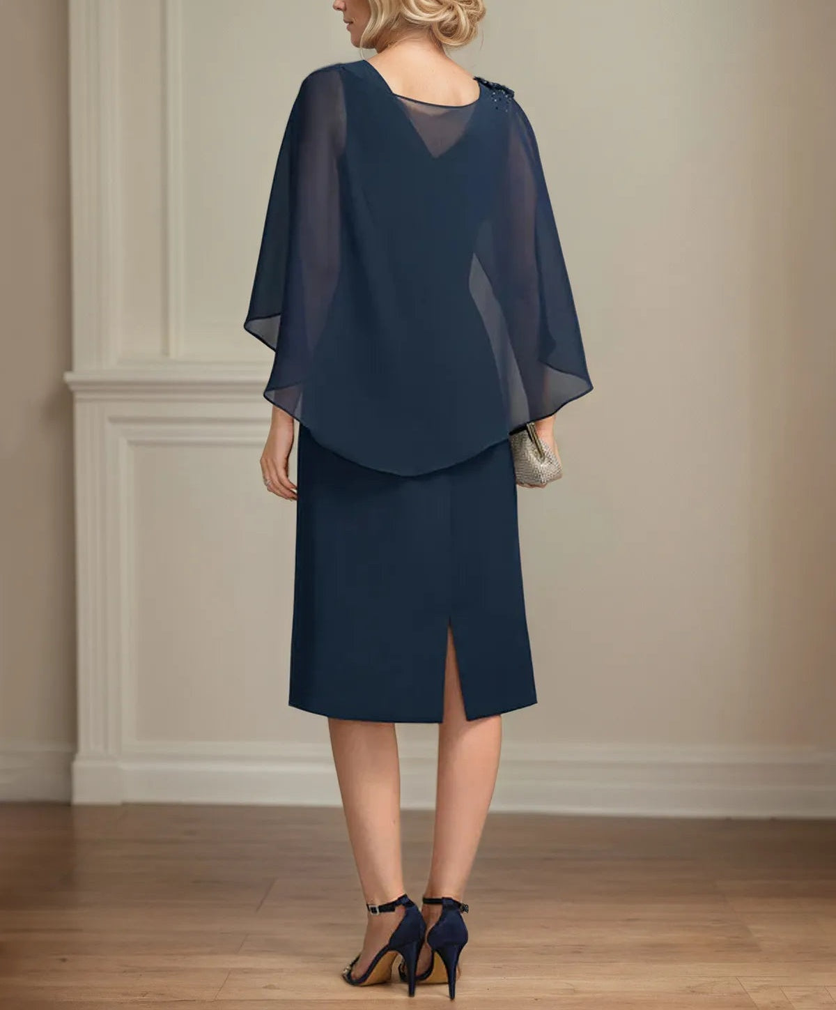 Sheath/Column Scoop Knee-Length Chiffon Mother of the Bride Dress With Cascading Ruffles Beading