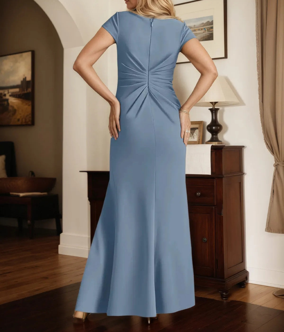 Trumpet/Mermaid V Neck Short Sleeve Floor Length Stretch Crepe Dress With Ruffles