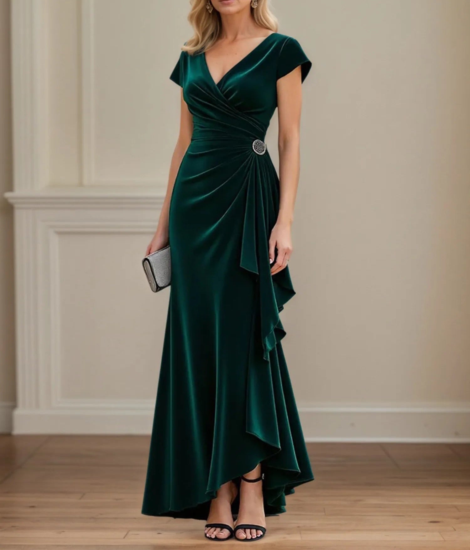 Ruched A Line V Neck Asymmetrical Mother of the Bride Dress