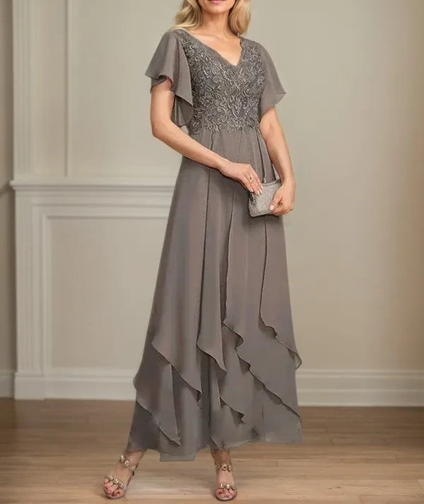 A Line V Neck Short Sleeve Chiffon Mother of the Bride Dress With Ruffles