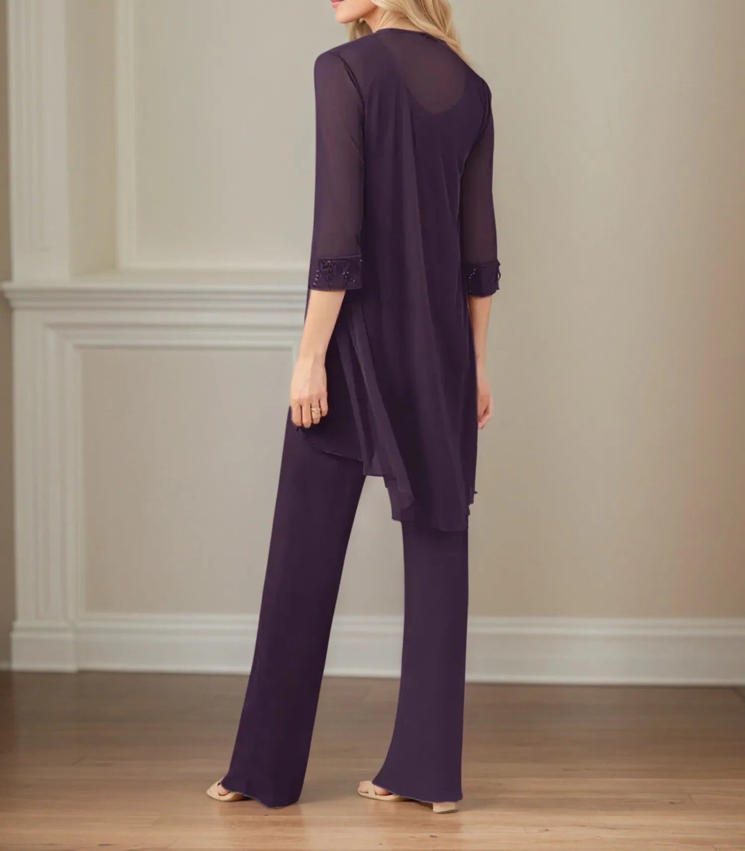 Jumpsuit/Pantsuit Scoop Neck 3/4 Sleeves Chiffon Mother of the Bride Dress