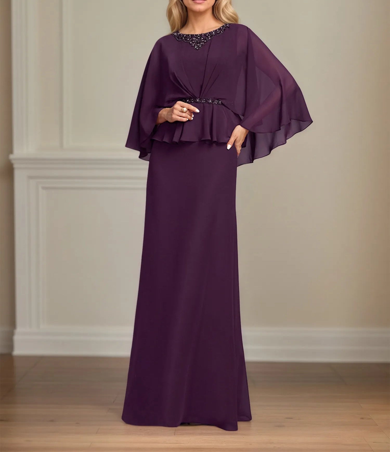 A-line Scoop Floor-Length Chiffon Mother of the Bride Dress With Pleated Sequins Beading