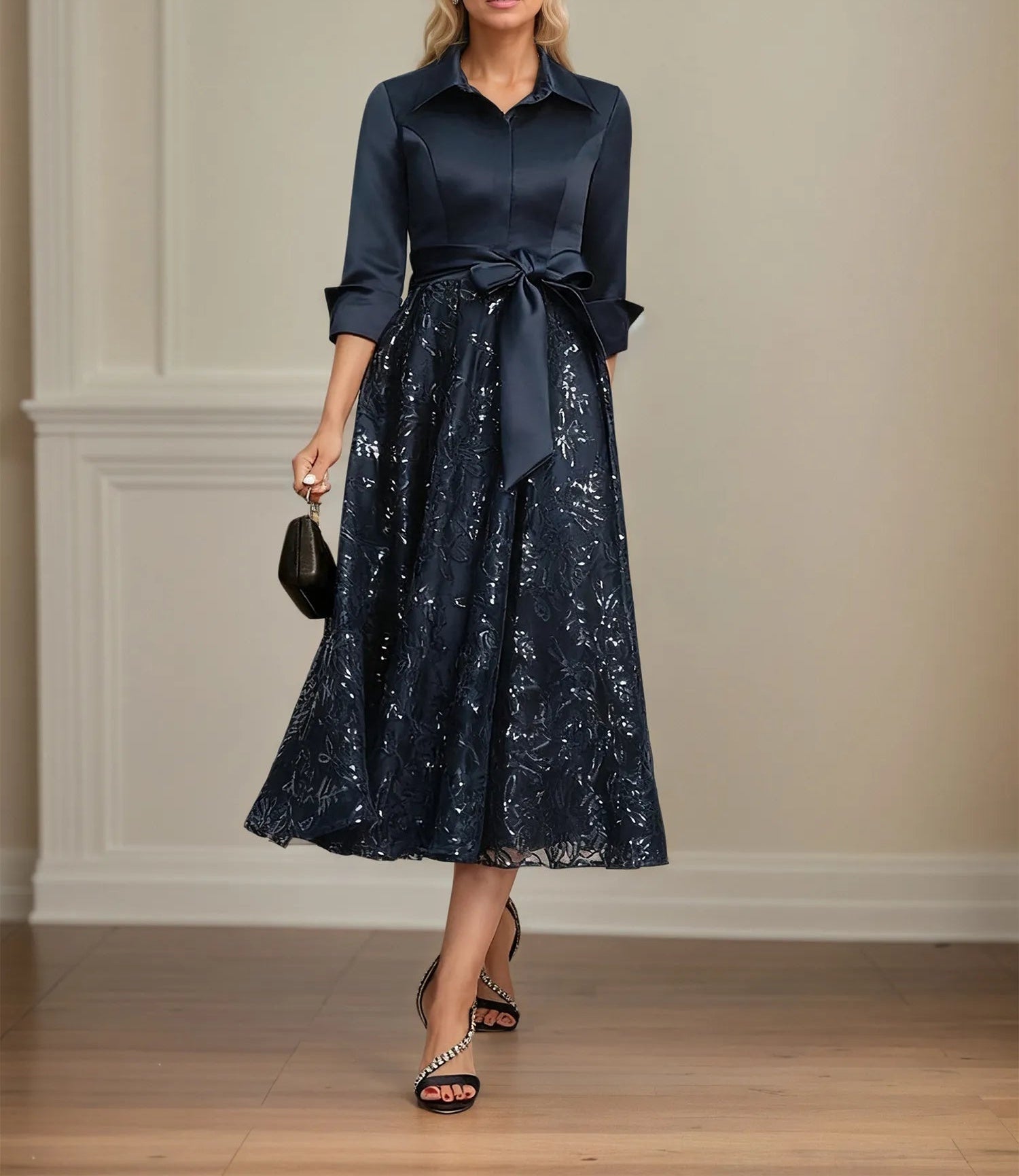 A-line Collared V-Neck Tea-Length Satin Lace Sequin Mother of the Bride Dress With Bow