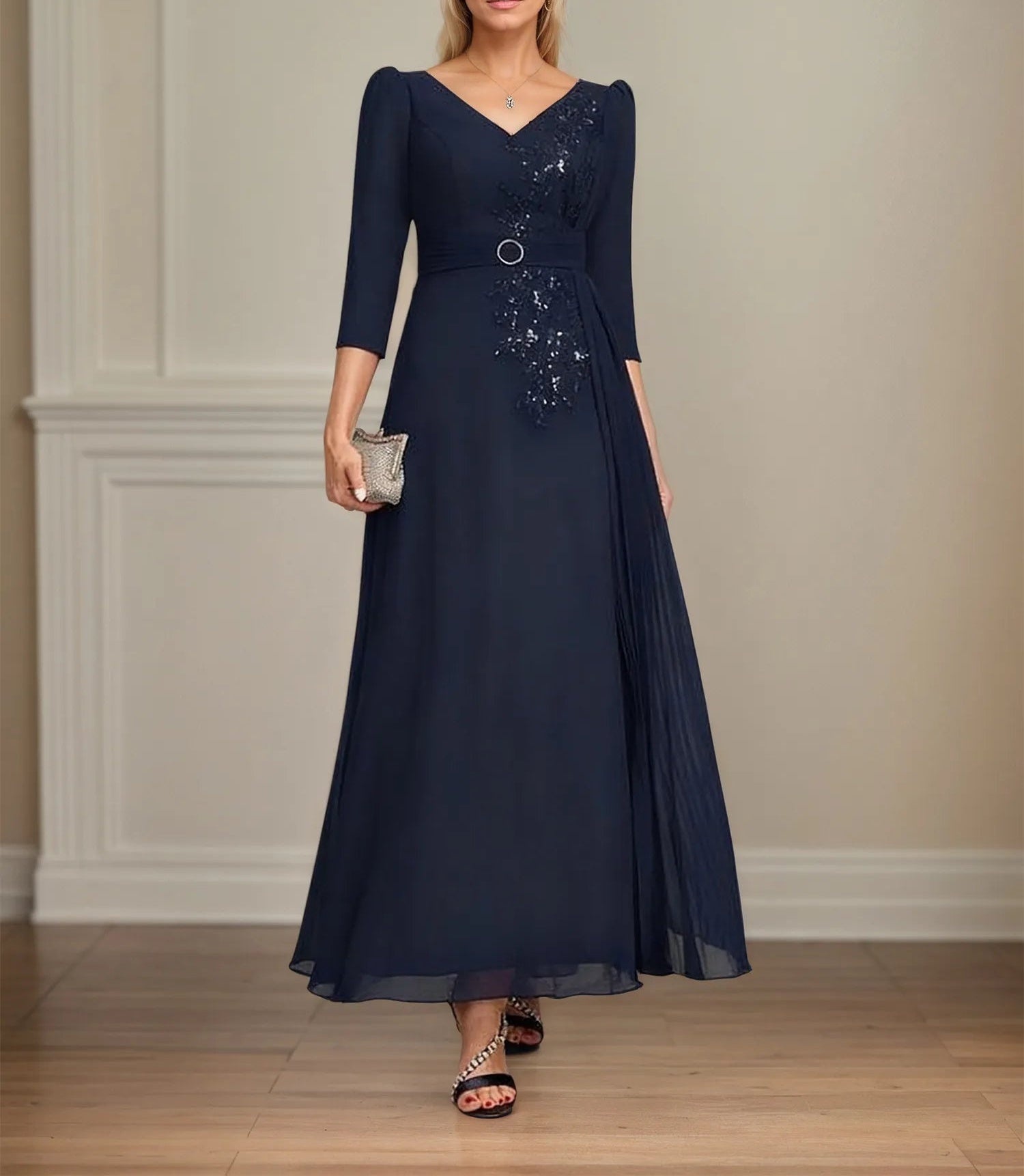 A-line V-Neck Ankle-Length Lace Chiffon Mother of the Bride Dress With Pleated Sequins