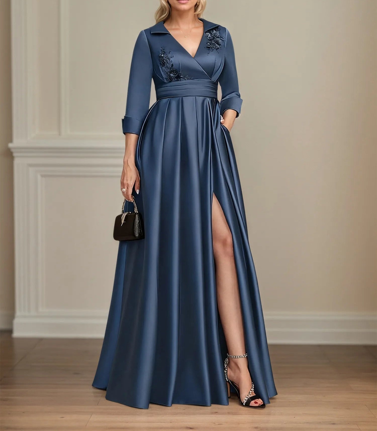 A-line V-Neck Collared Floor-Length Satin Mother of the Bride Dress With Beading 3D Floral Sequins Pleated