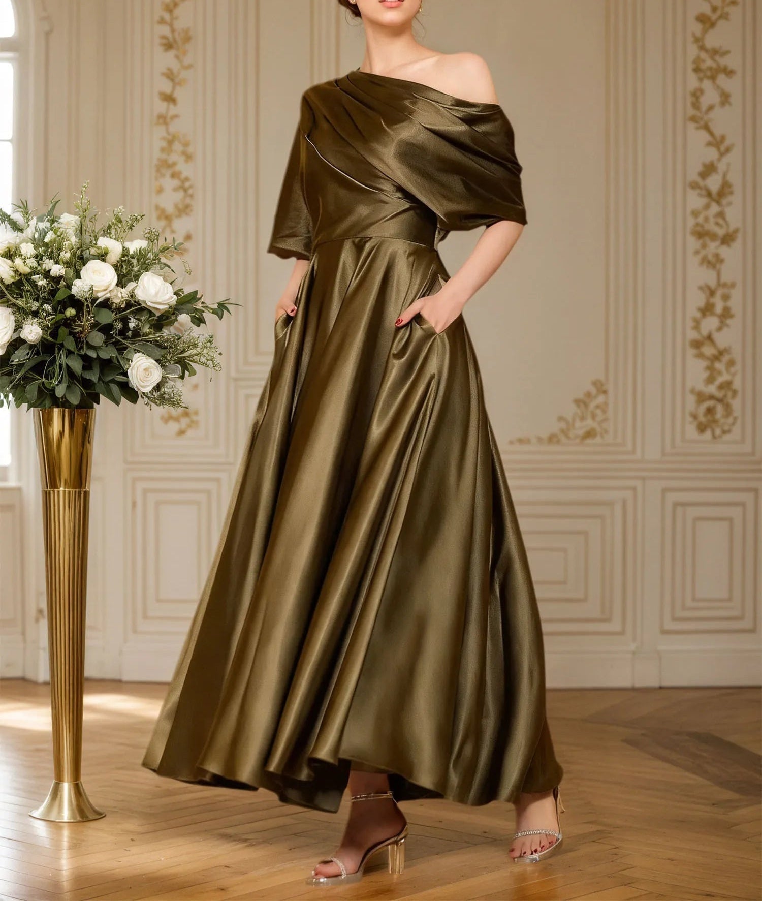 A-line Short Sleeves Pleated Ankle-Length Silk like Satin Mother of the Bride Dress