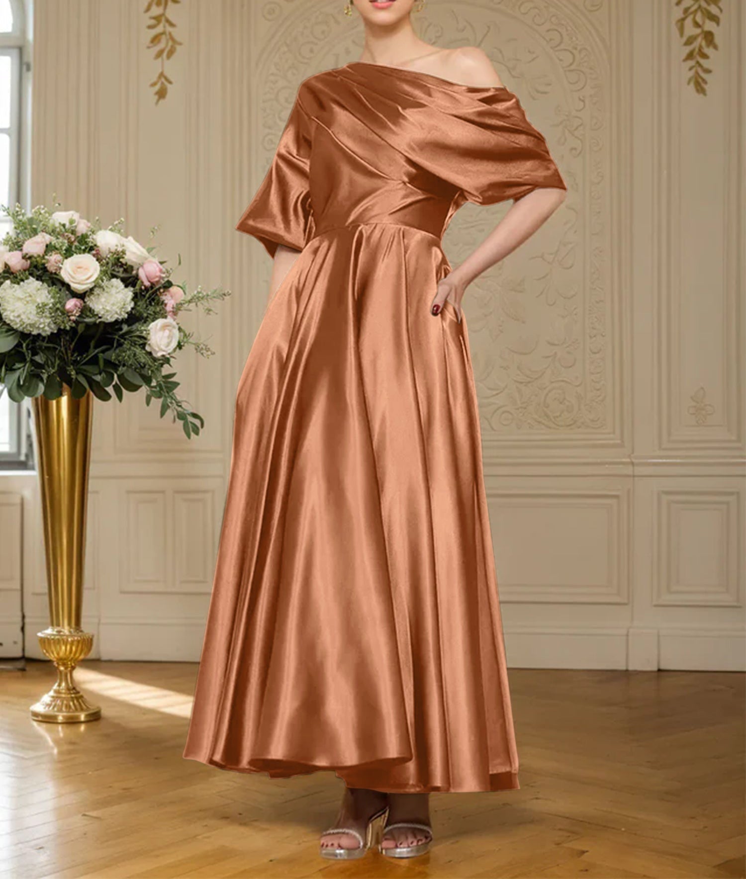 A-line Short Sleeves Pleated Ankle-Length Silk like Satin Mother of the Bride Dress